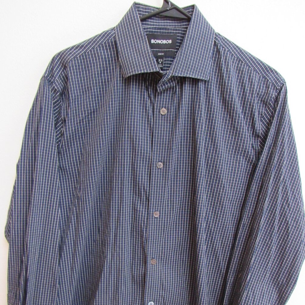 Bonobos Casual Button-Down Shirt Men's Navy Plaid 16.5 x 36 Slim‎ Fit Cotton